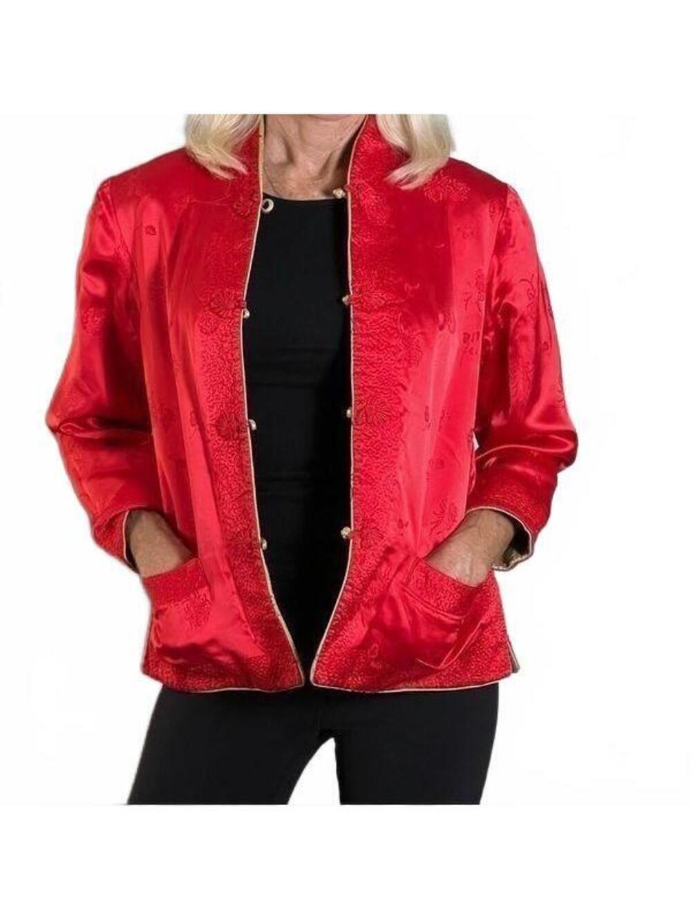Silk Jacket Quilted Red Gold Boxy Split Hem 3/4 Sleeve Reversible Floral M